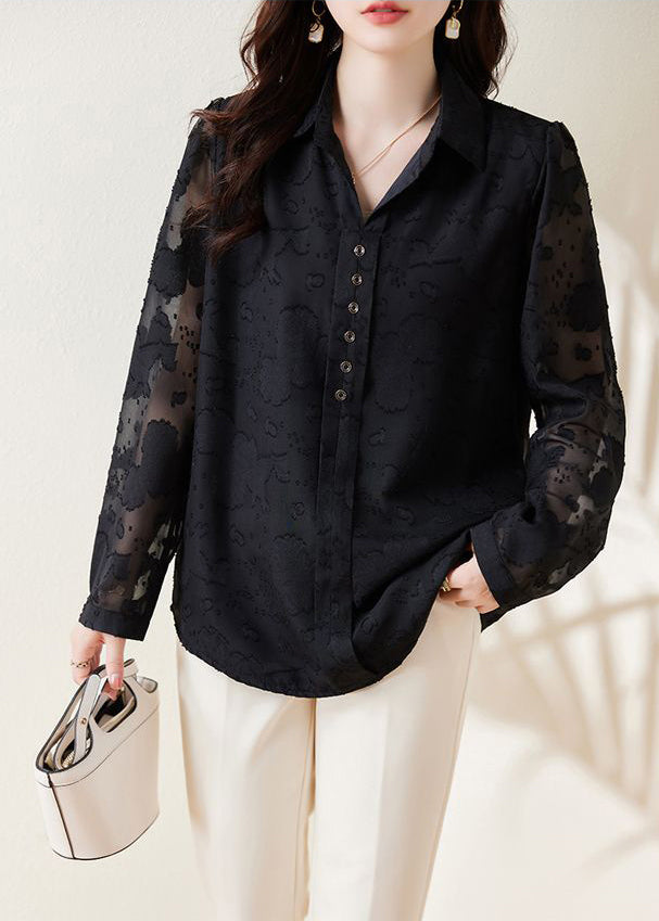 Black Jacquard Draping Chiffon Shirt Spring