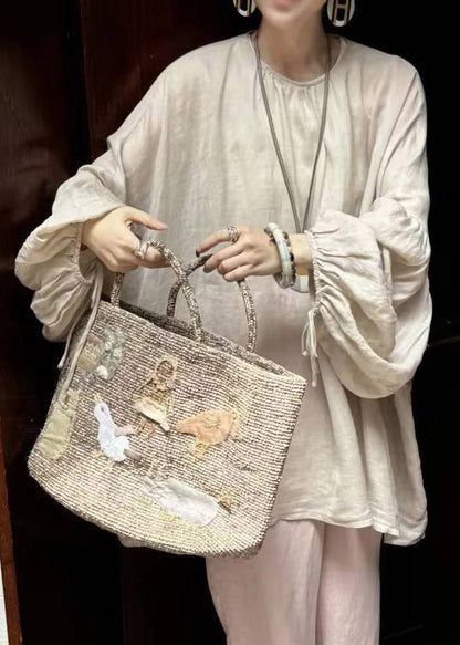 Loose Beige O-neck Top Lantern Sleeve