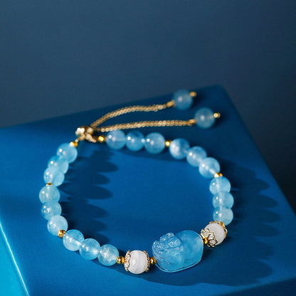 Buddha Stones Aquamarine Strawberry Quartz Amethyst Moonstone Pixiu Healing Bracelet