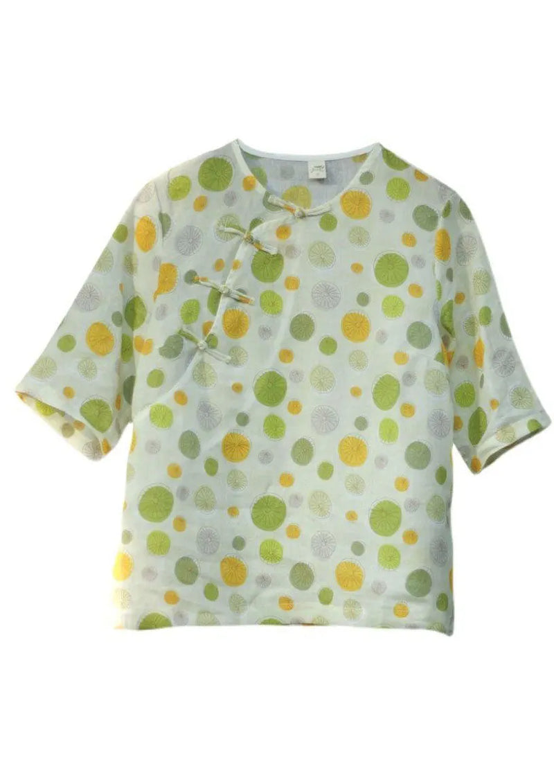 Green Button O-neck Dot Print Tops Half Sleeve
