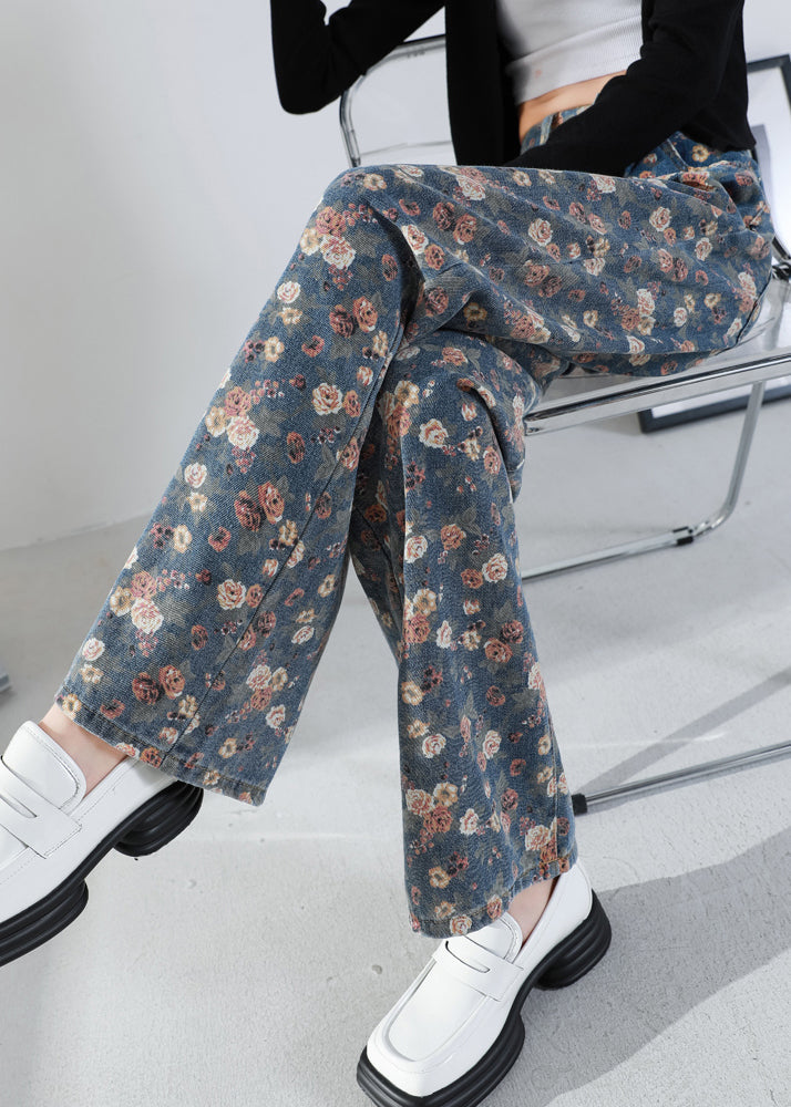 Navy Oversized Print Warm Fleece Denim Straight Pants Spring