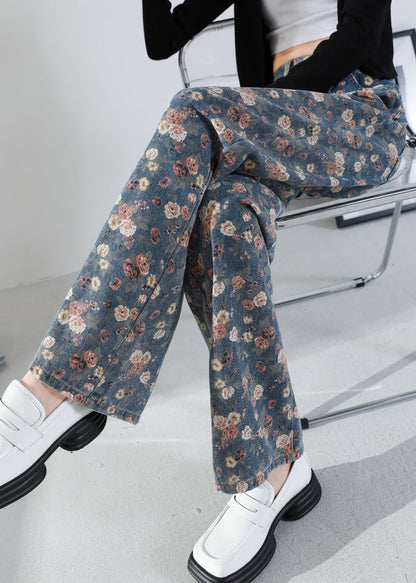 Navy Oversized Print Warm Fleece Denim Straight Pants Spring