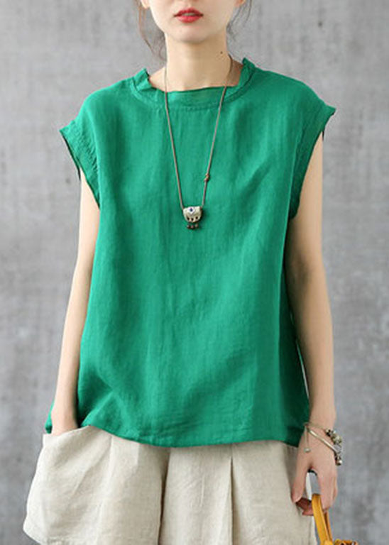 White Drawstring Turtle Neck Linen Tank Short Sleeve