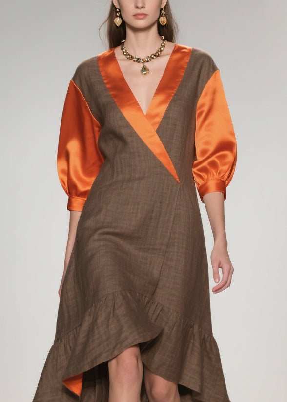 V Neck Ruffled Silk Patchwork Cotton Dresses Summer