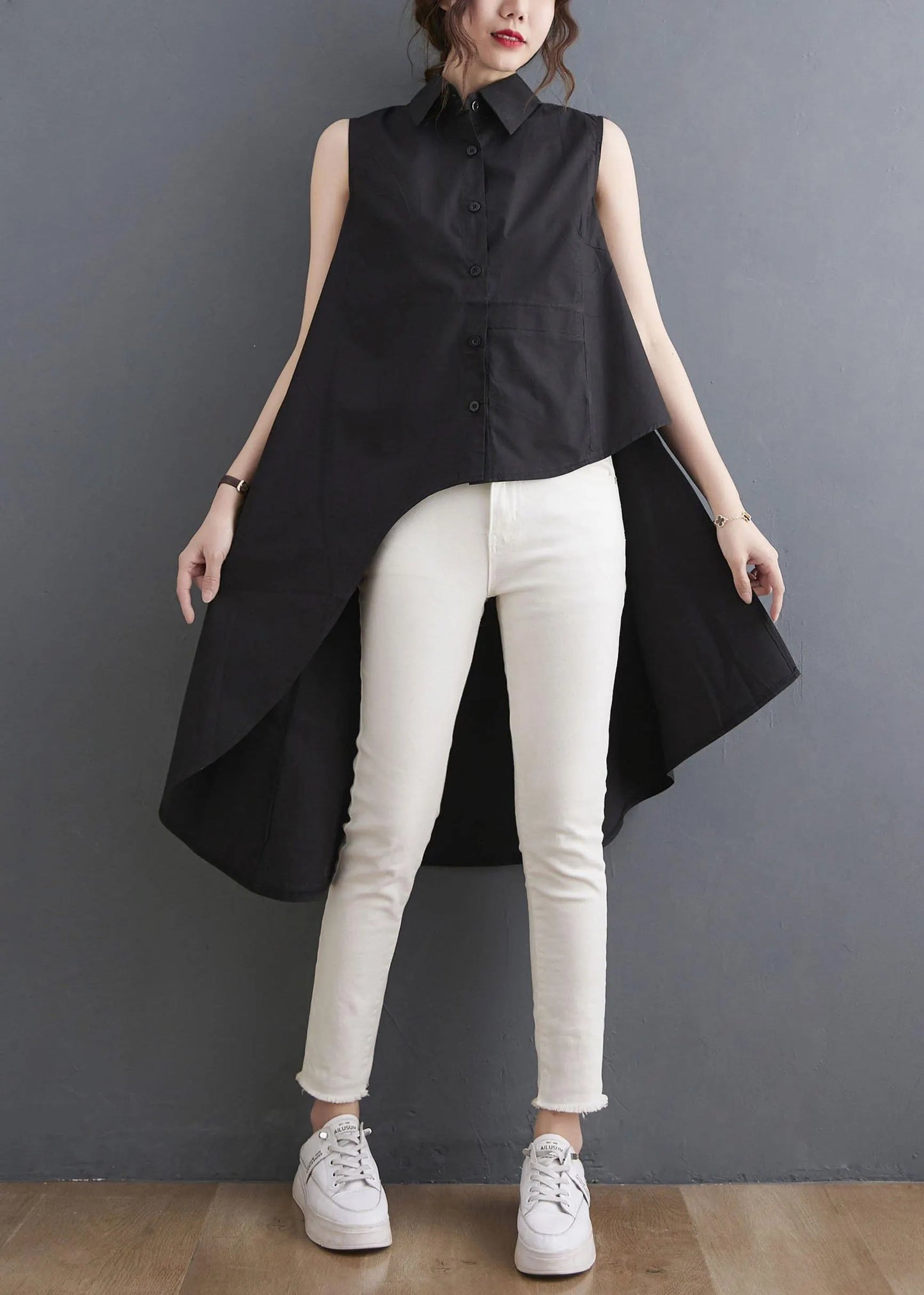 Simple Black Asymmetrical Design Low High Design Summer Blouses