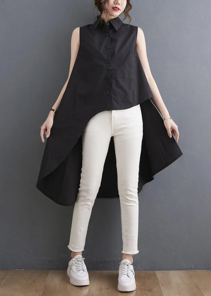Simple Black Asymmetrical Design Low High Design Summer Blouses