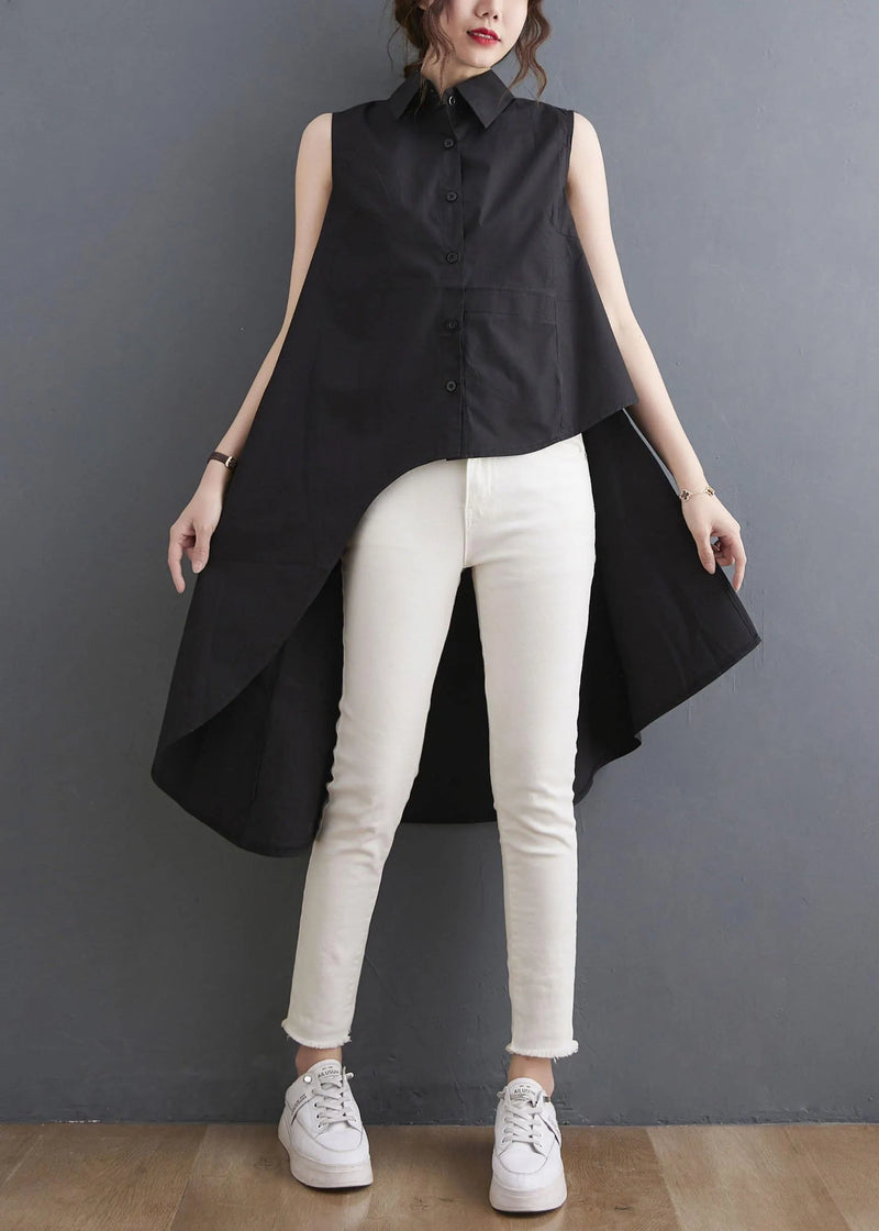 Simple Black Asymmetrical Design Low High Design Summer Blouses