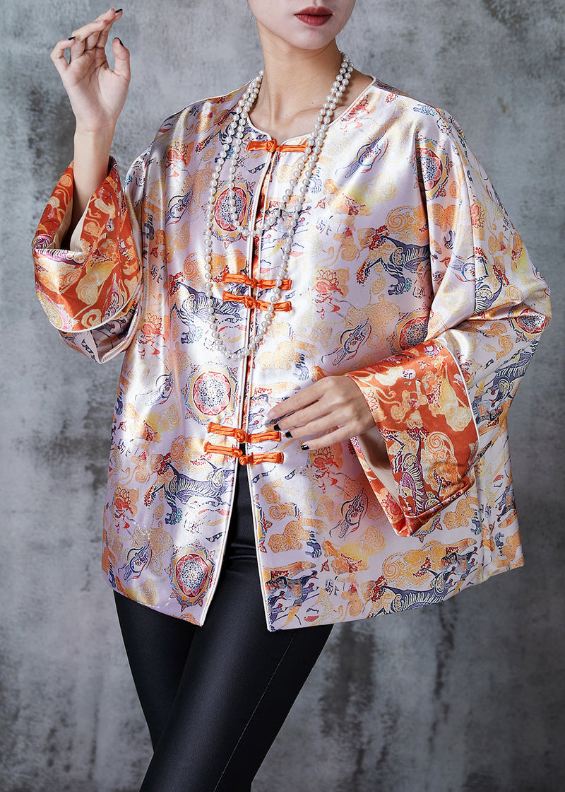 Apricot Oversized Print Silk Oriental Coats Spring