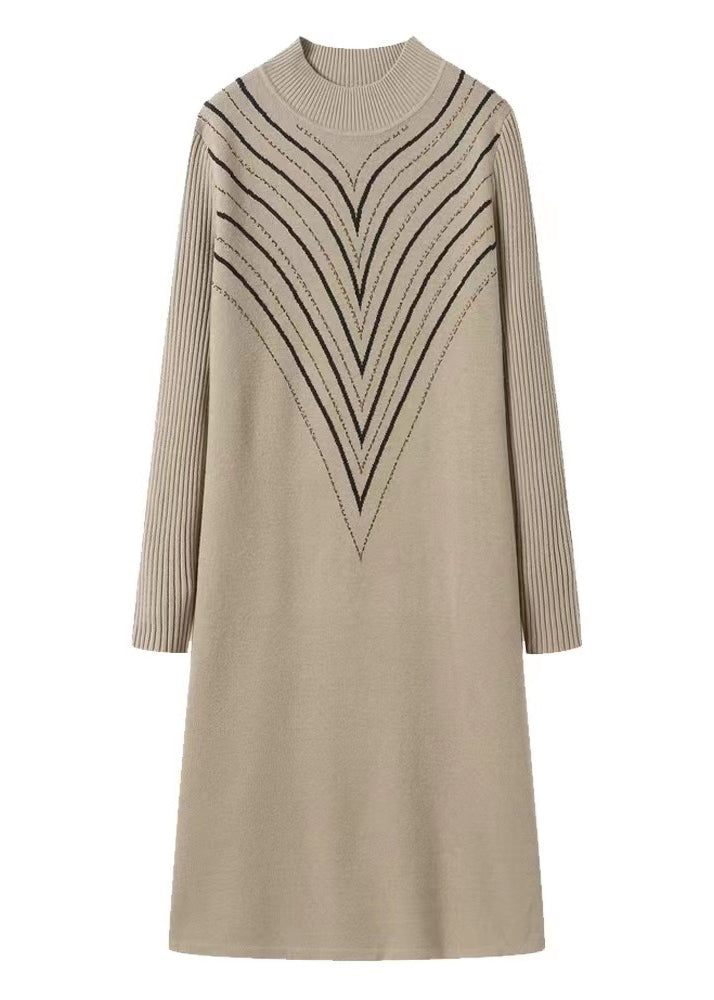 Apricot O Neck Print Zircon Patchwork Knit Dress Fall