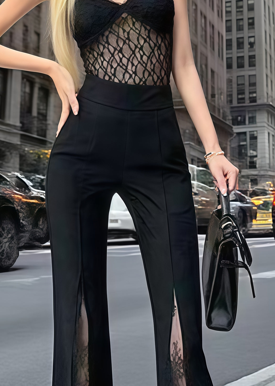 Diy Black High Waist Patchwork Lace Bell-bottom Trousers Summer