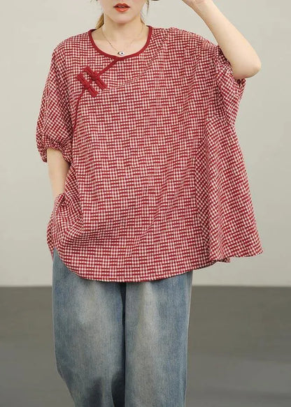 Red Plaid Batwing Sleeve Cotton Summer Blouses