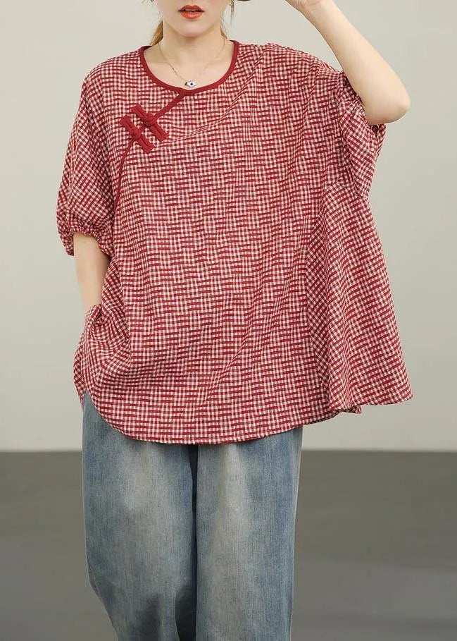 Red Plaid Batwing Sleeve Cotton Summer Blouses