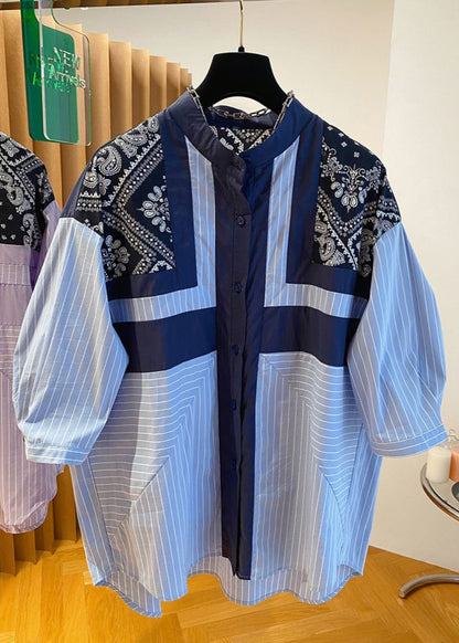 Blue Stand Collar Print Patchwork Shirt Fall