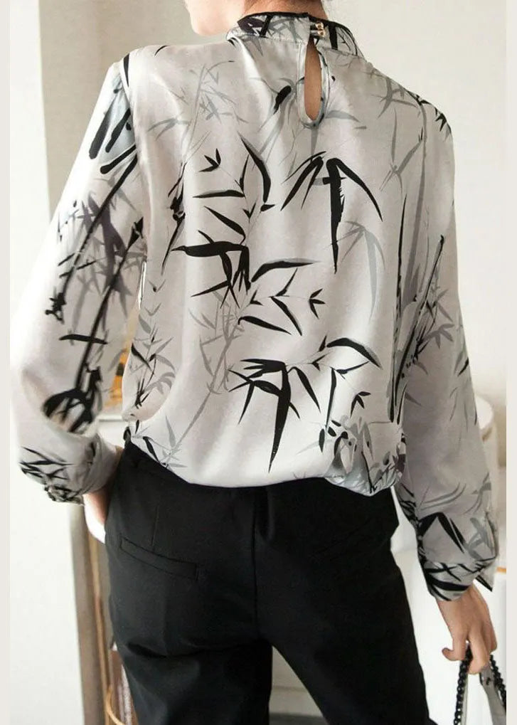 White Mandarin Collar Print Chiffon Shirt Top Spring