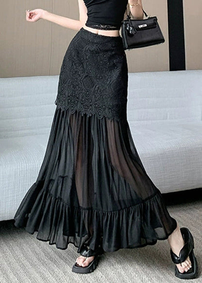 Slim Fit Black Lace High Waist Patchwork Tulle Skirts Summer
