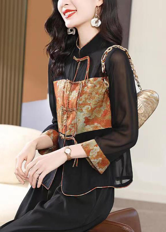 Black Stand Collar Tasseled Patchwork Chiffon Shirt Top Fall