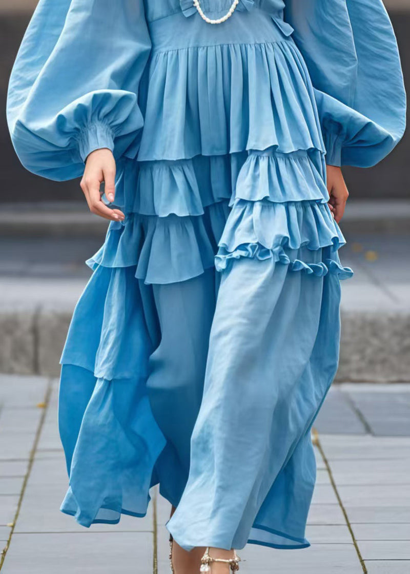 Sea Blue V Neck Ruffled Ankle Cotton Dress Lantern Sleeve Spring