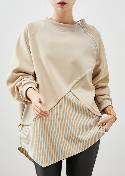 Khaki Asymmetrical Patchwork Cotton Sweatshirts Top Spring