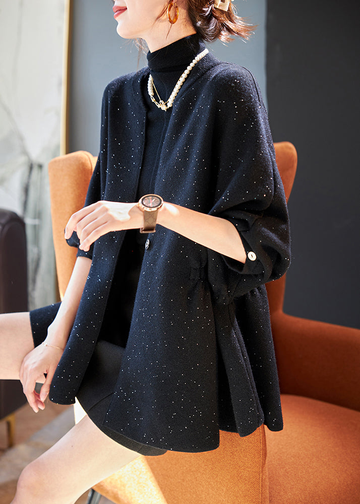 Black Cinched Sequins Knit Loose Coat Winter