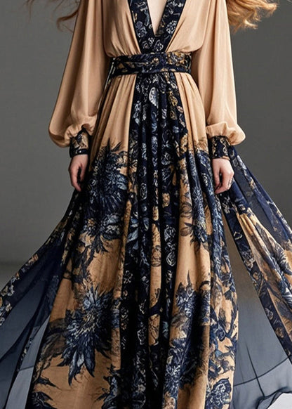 Coffee Cinched Print Chiffon Party Dress Exra Large Hem Fall