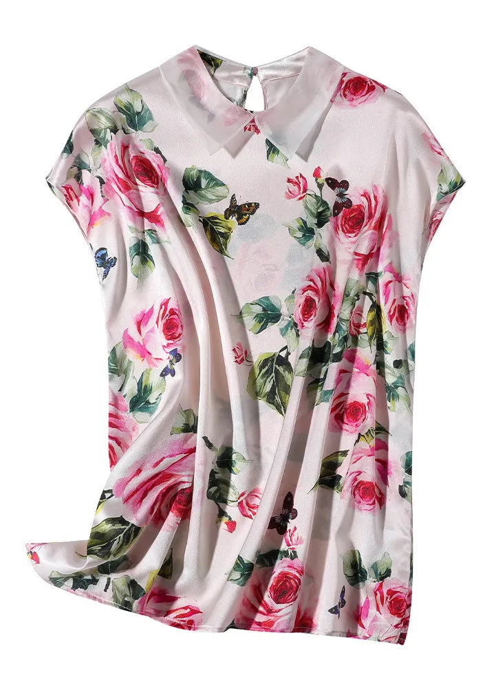 Italian Pink Peter Pan Collar Print Silk Tops Short Sleeve Summer