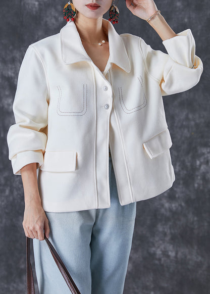 White Embroideried Woolen Coat Fall