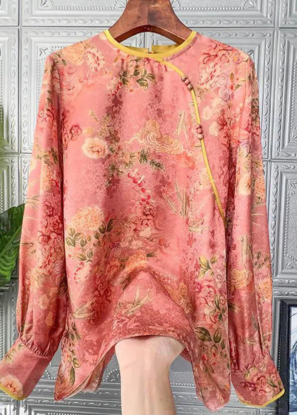 Handmade Orange O-neck Button Patchwork Chiffon Blouse Tops Long Sleeve