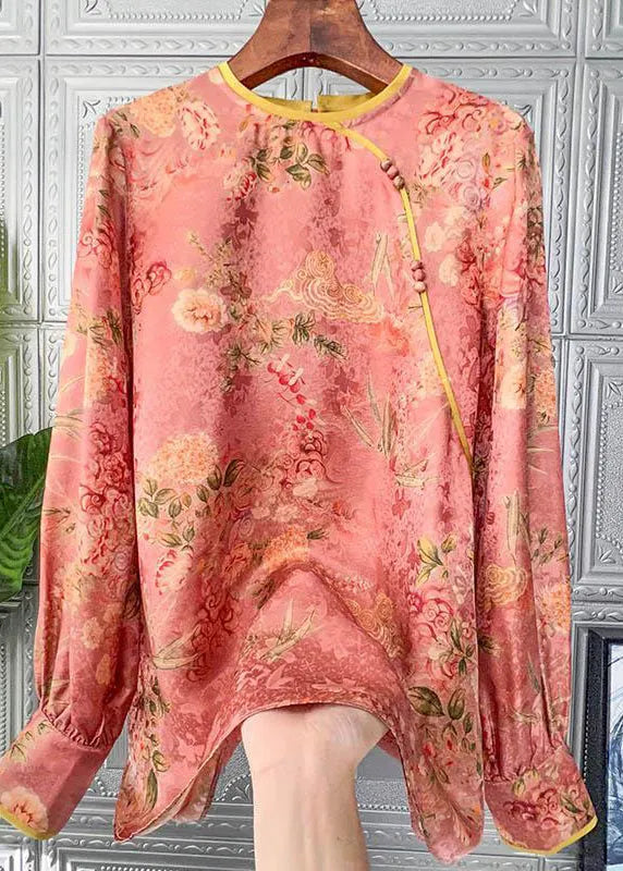Handmade Orange O-neck Button Patchwork Chiffon Blouse Tops Long Sleeve