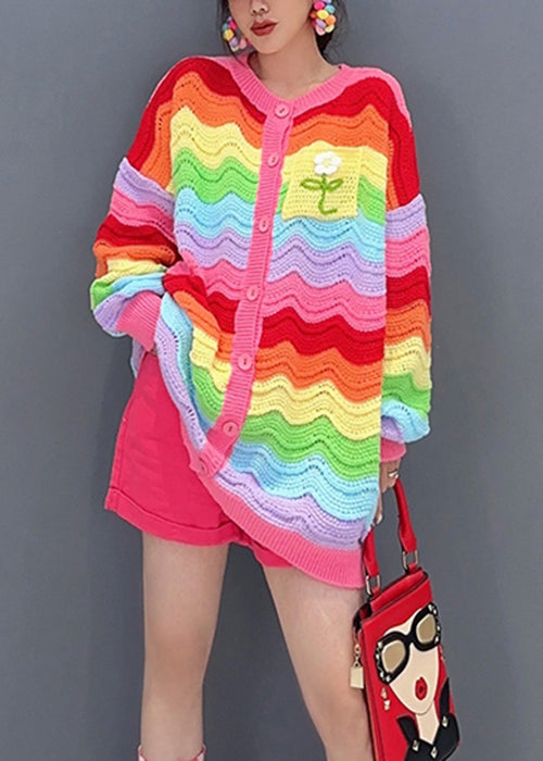 Rainbow Button Hollow Out Patchwork Knit Top Fall
