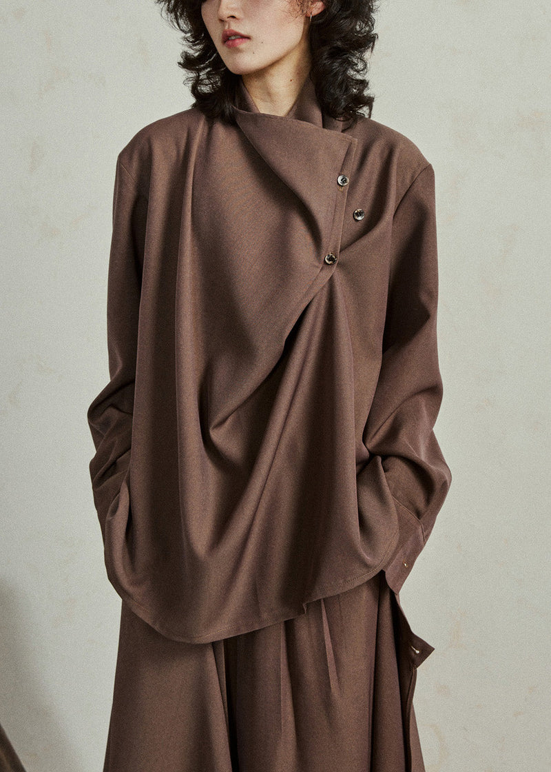 Fine Coffee Asymmetrical Button Shirt Lantern Sleeve Spring