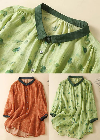 Green Peter Pan Collar Print Button Linen Shirts Long Sleeve