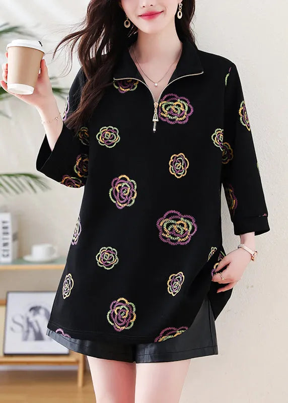 Black Zip Up Print Cotton Sweatshirts Top Fall