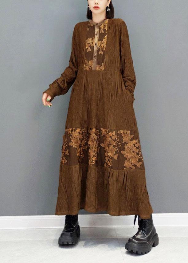 Brown O-neck Button Embroideried Ankle Dress Fall Long Sleeve