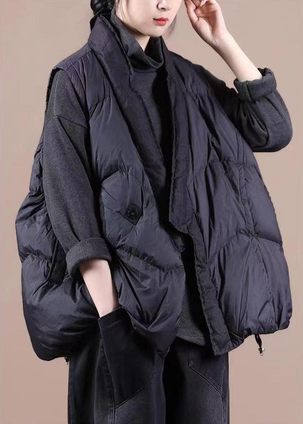 Black V Neck Pockets Patchwork Duck Down Waistcoat Sleeveless