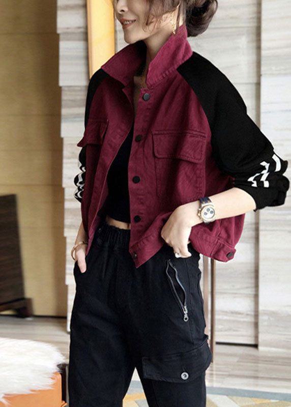 Art Mulberry Patchwork Black Pockets Button Fall Denim Coat Long Sleeve
