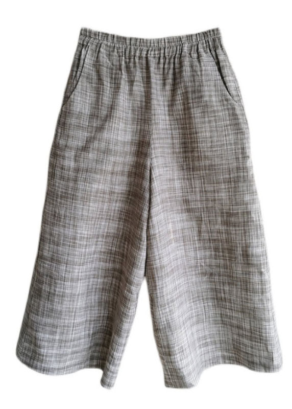 French Grey Elastic Waist Linen Wide Leg Pants Spring