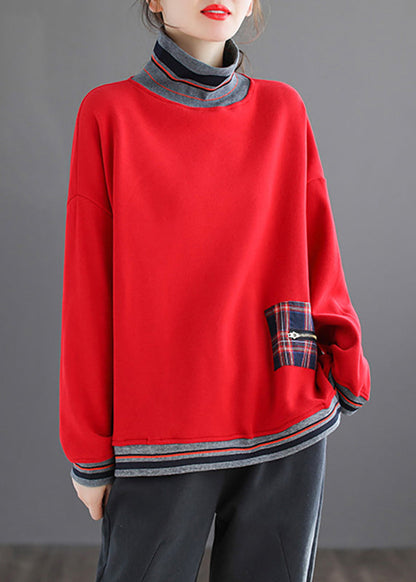 Red Striped Patchwork Warm Fleece Tops Fall