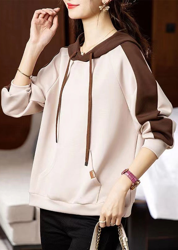 Apricot Hooded Pockets Patchwork Cotton Sweatshirt Fall
