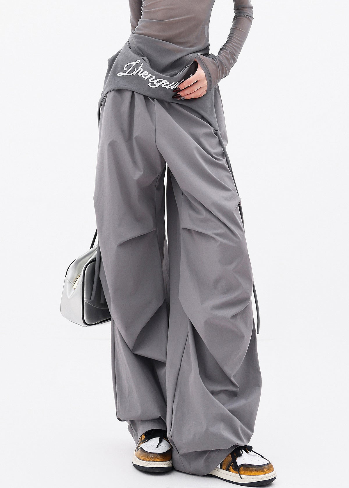 Grey Pockets Wrinkled Cotton Wide Leg Pants Fall