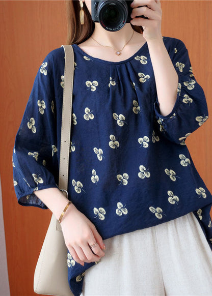 Navy O-neck Print Wrinkled Fall Half Sleeve Top