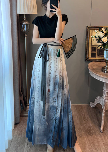 Art Blue Tie Dye Wrinkled Satin Chinese Style Skirts Summer