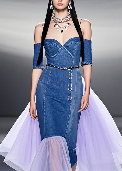 Blue Cold Shoulder Tulle Patchwork Denim Dresses Summer