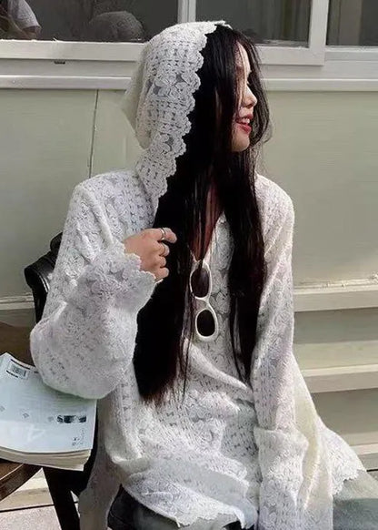 French White Hooded Patchwork Lace T Shirts Fall