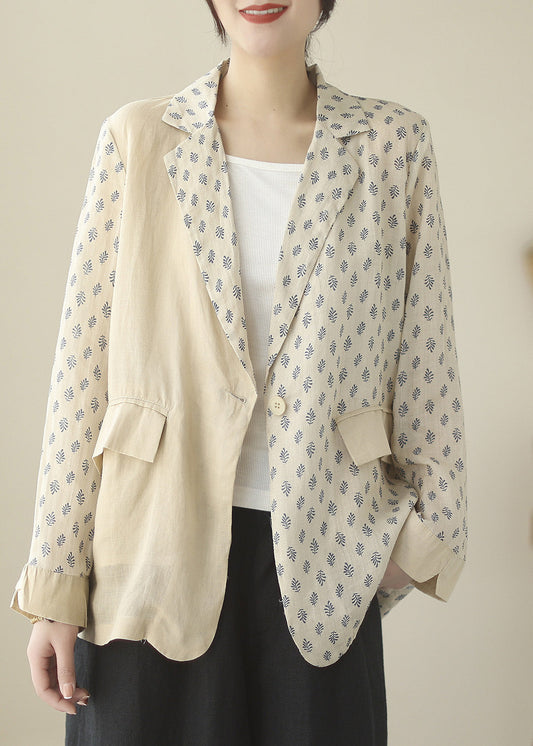 Beige Peter Pan Collar Print Ramie Coats Long Sleeve