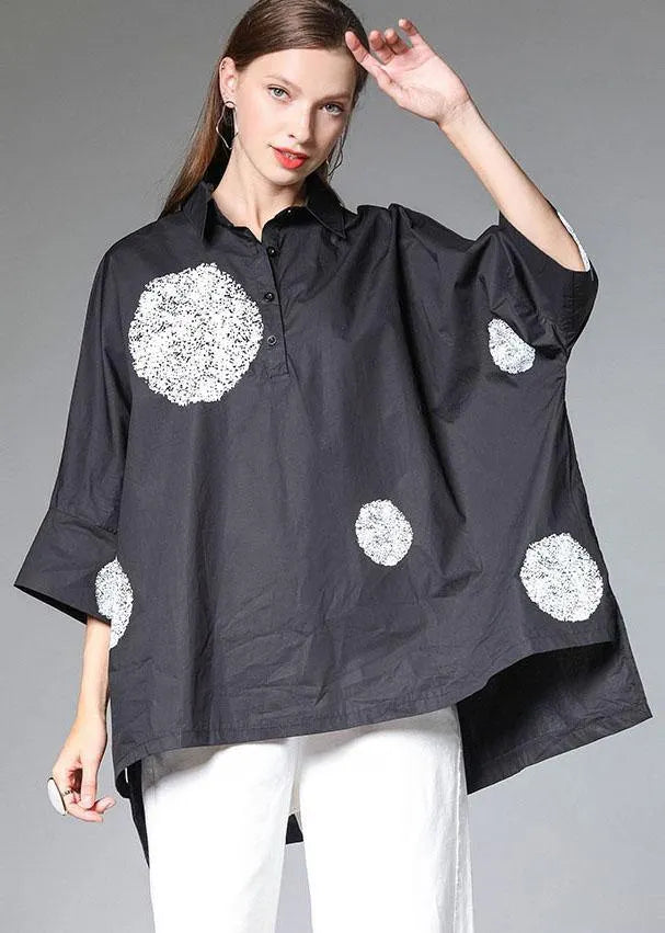 Black Peterpan Collar Button Fall Cotton Shirt Half Sleeve