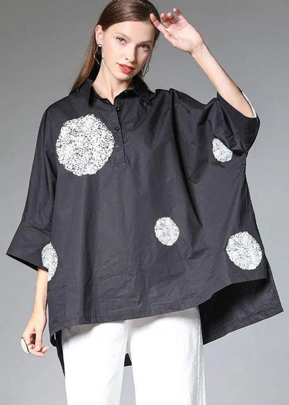Black Peterpan Collar Button Fall Cotton Shirt Half Sleeve