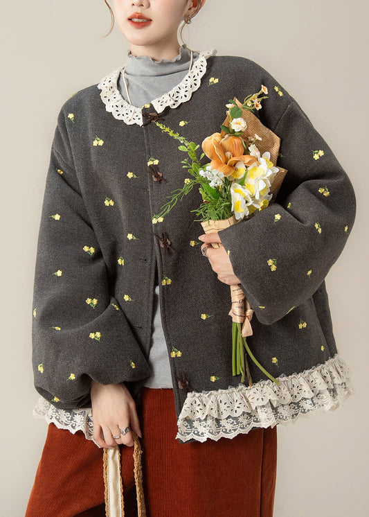 French Grey Print Lace Patchwork Fine Cotton Filled Coats Winter