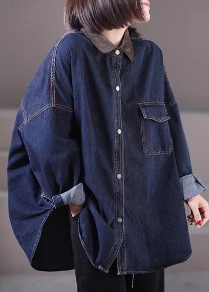 Navy Peter Pan Collar Patchwork Button Cozy Denim Shirts Fall