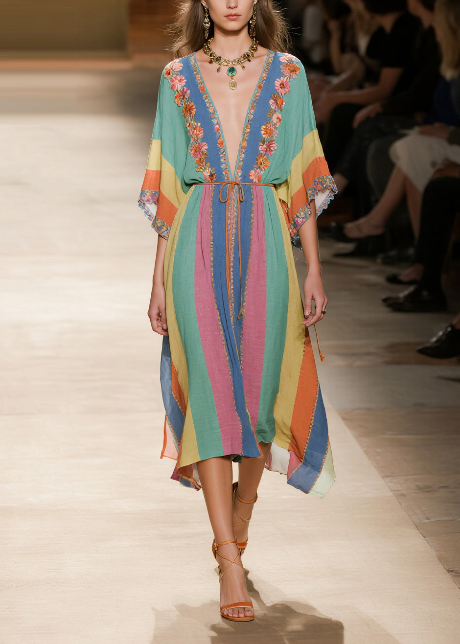 Multicolored Striped Tie Waist Cotton Robe Dresses Summer
