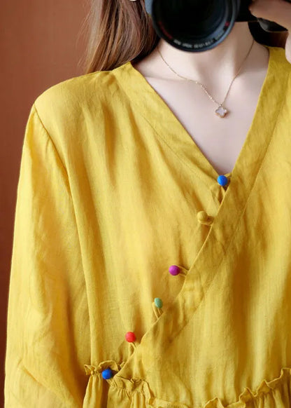 Yellow V Neck Button Fall Blouses Half Sleeve